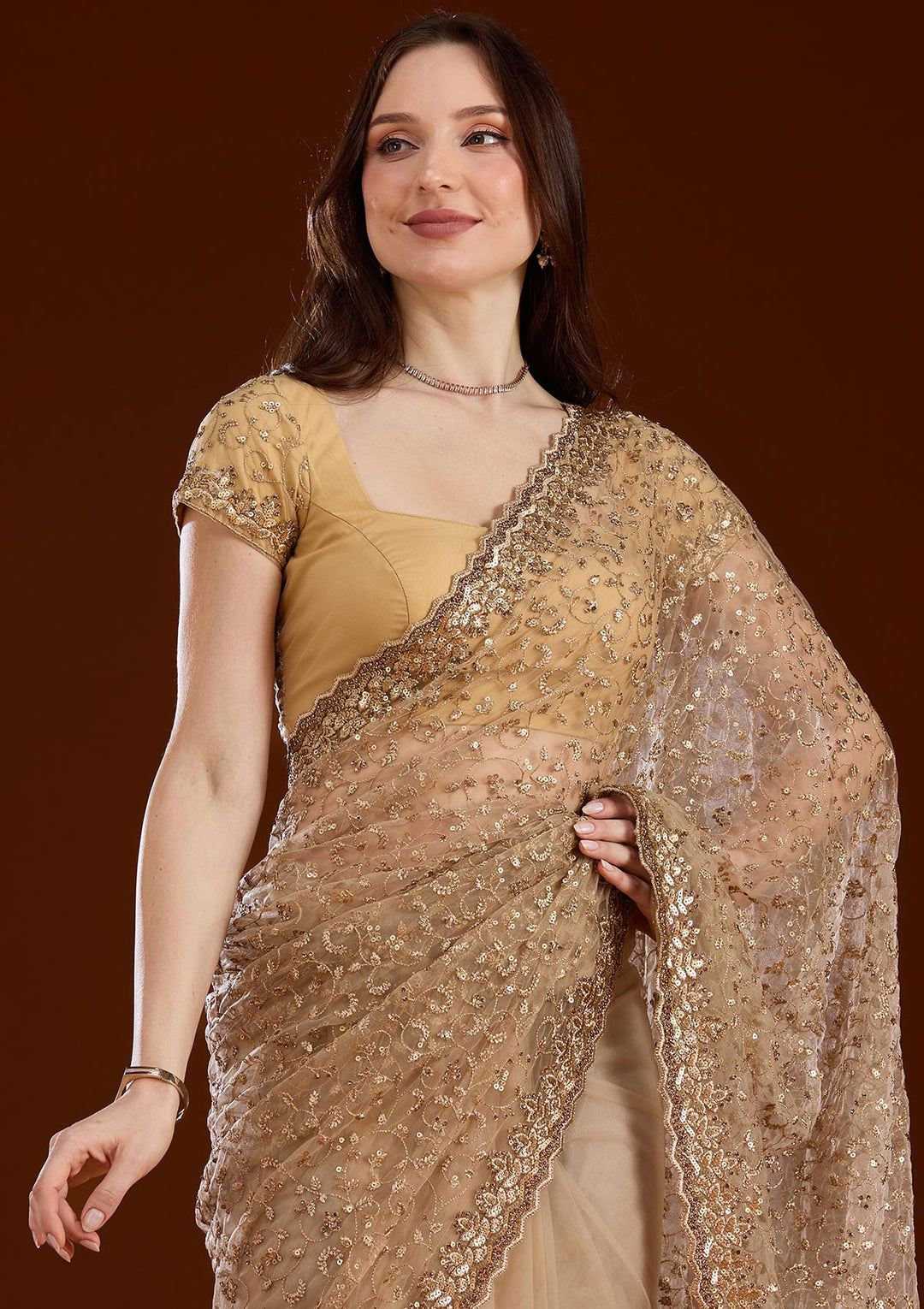 Gold Net Sequins Saree With Matching Blouse Piece