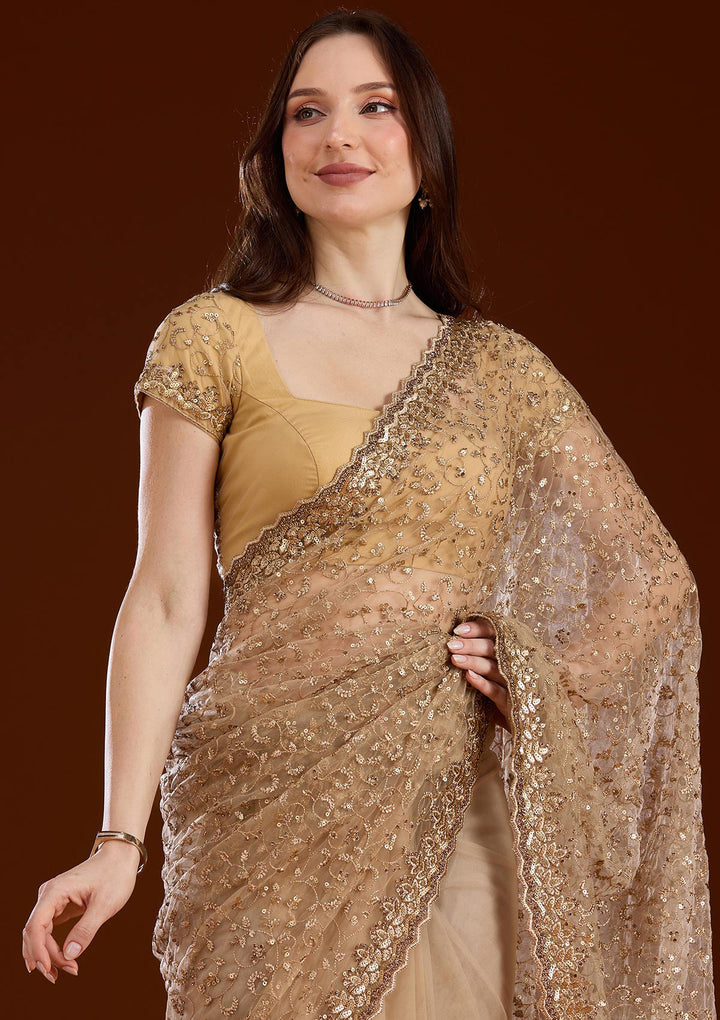 Gold Net Sequins Saree With Matching Blouse Piece