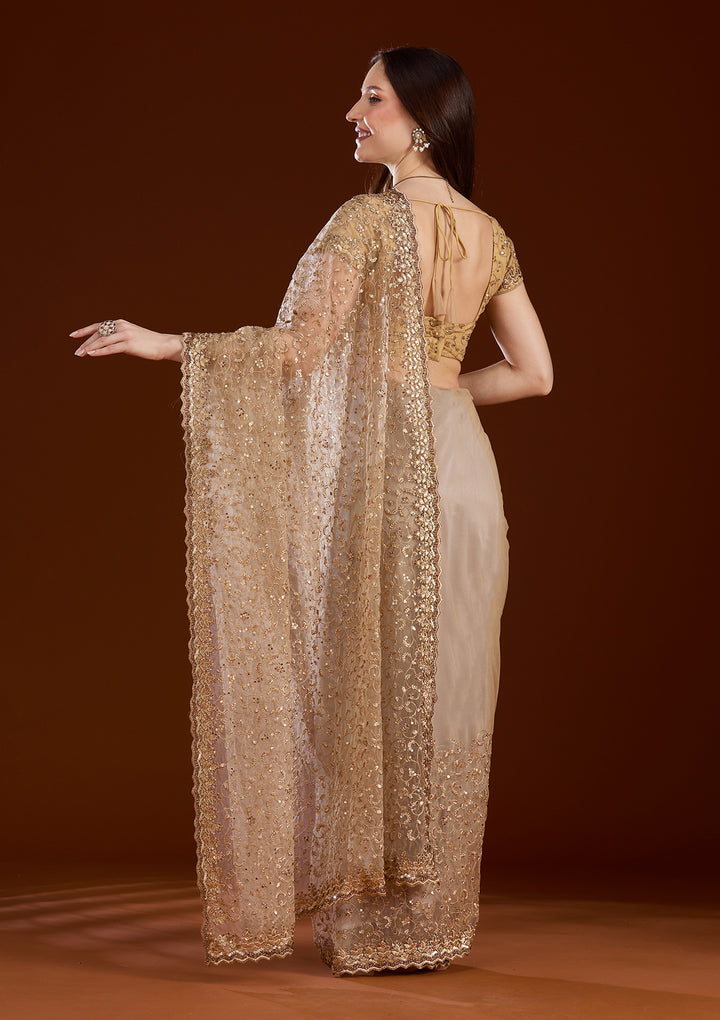 Gold Net Sequins Saree With Matching Blouse Piece