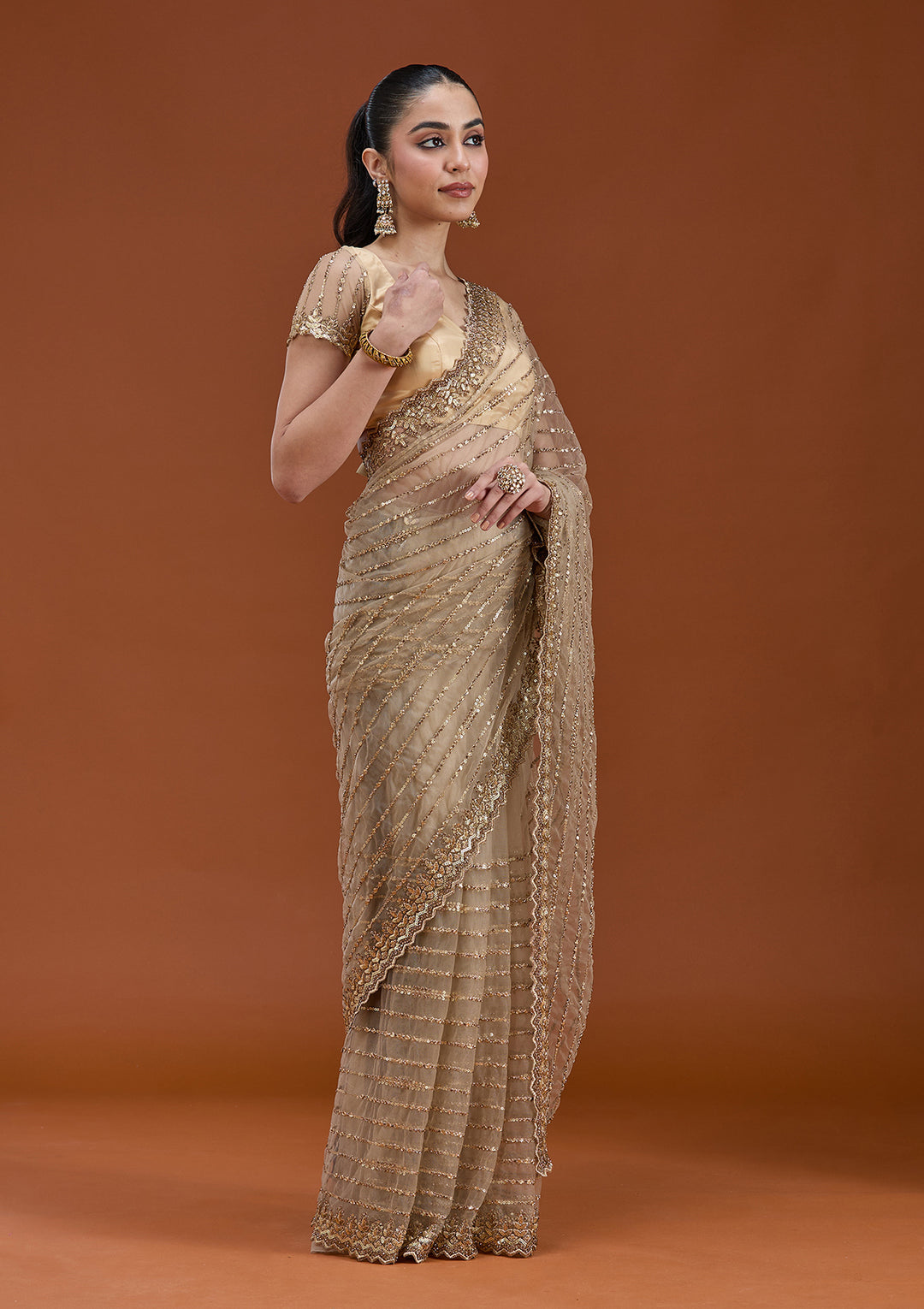 Beige Net Sequins Saree With Matching Blouse Piece