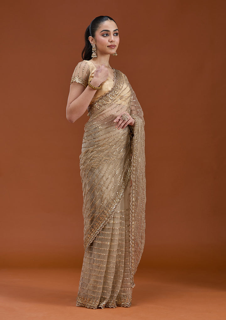 Beige Net Sequins Saree With Matching Blouse Piece