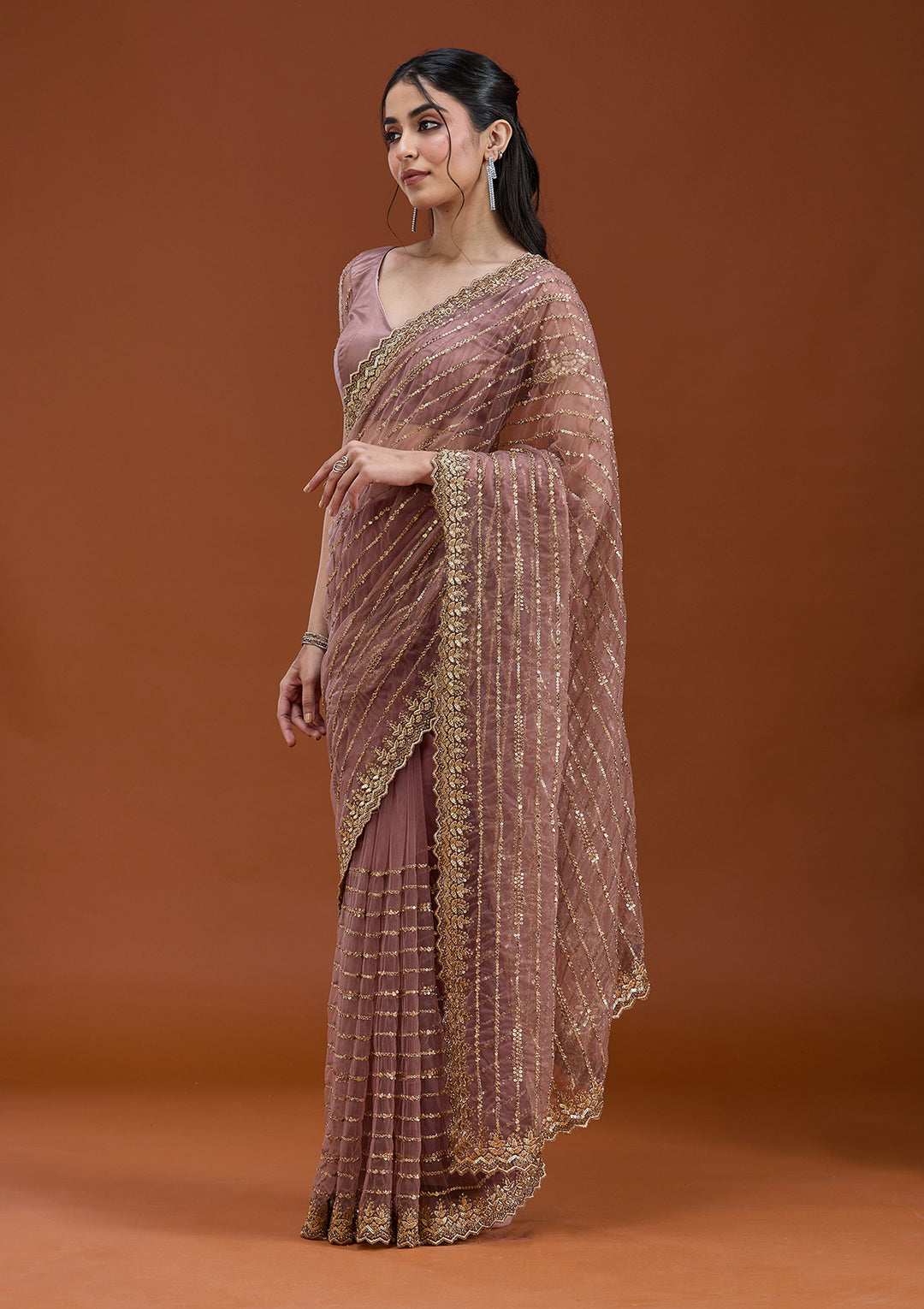 Onion Pink Sequins Net Saree