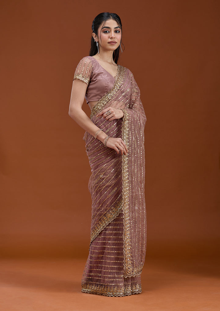 Onion Pink Sequins Net Saree