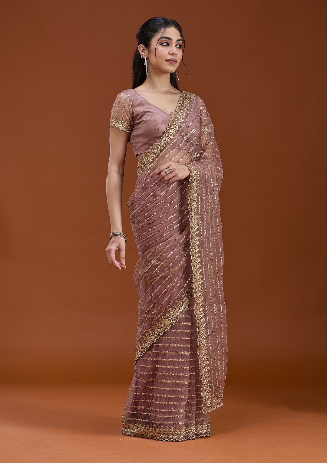 Onion Pink Sequins Net Saree