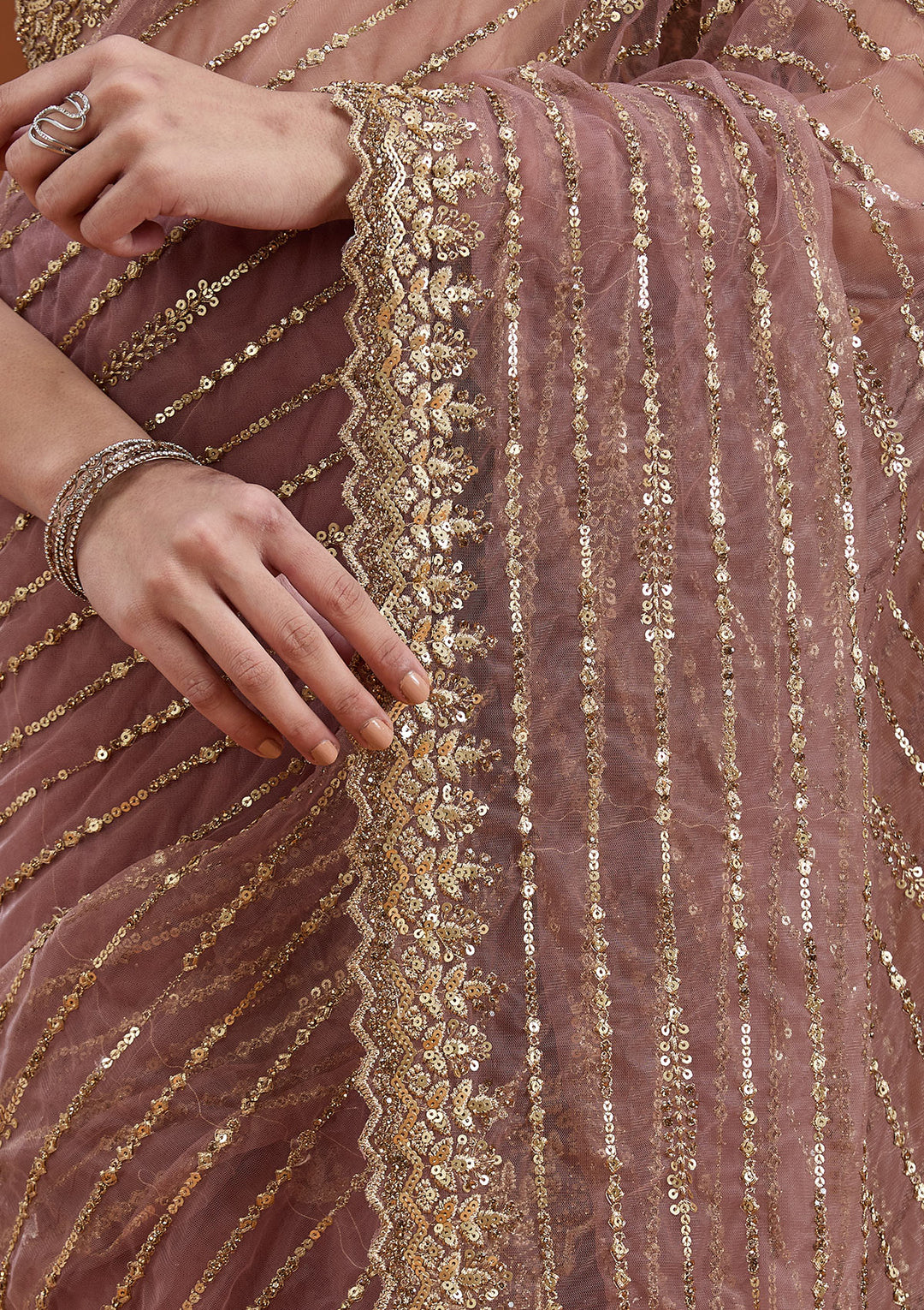 Onion Pink Sequins Net Saree