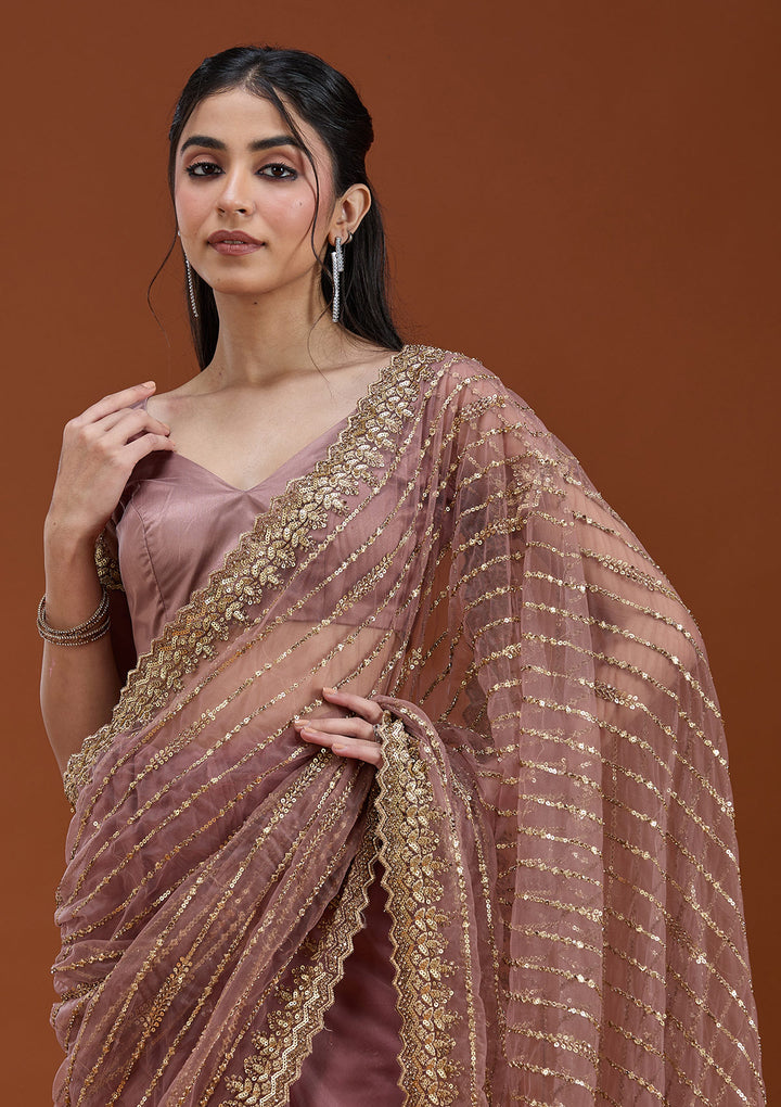 Onion Pink Sequins Net Saree