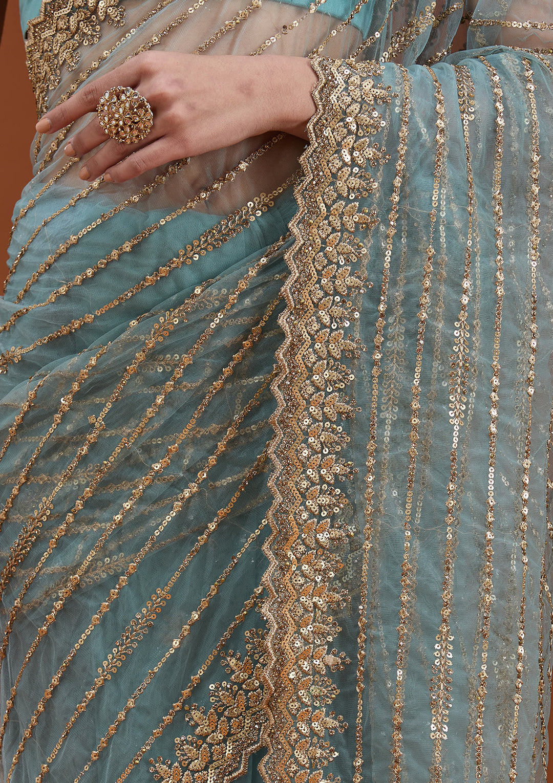 Sea Green Sequins Net Saree