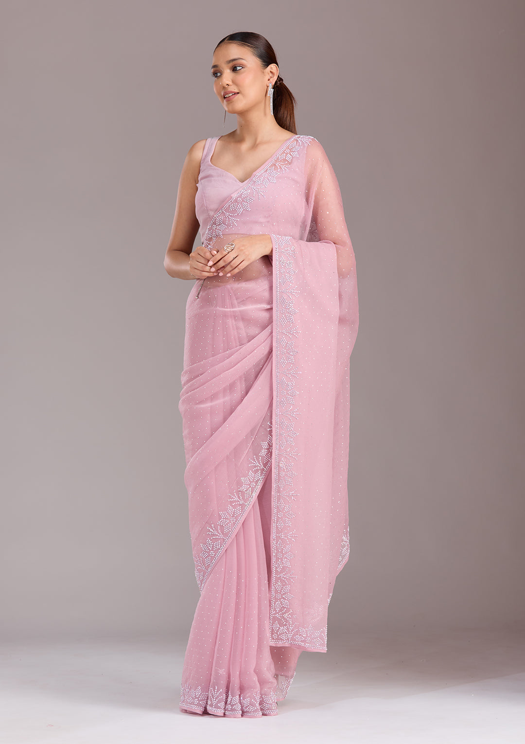 Mauve Chiffon Silver Stonework Saree With Matching Blouse Piece