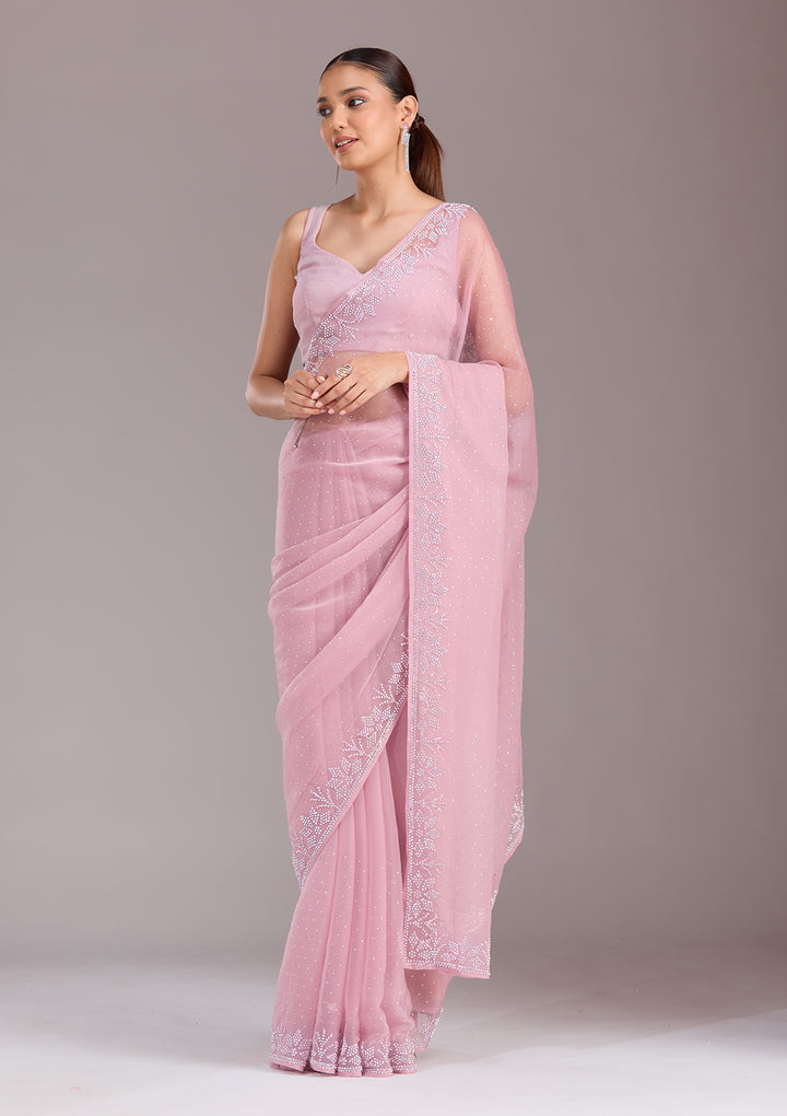 Mauve Chiffon Silver Stonework Saree With Matching Blouse Piece