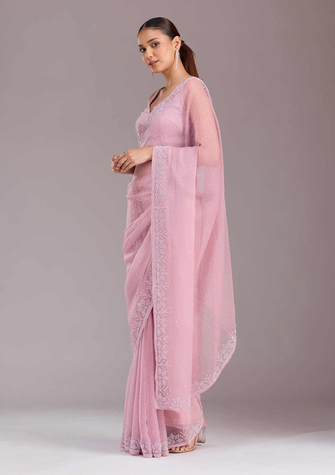 Mauve Chiffon Silver Stonework Saree With Matching Blouse Piece