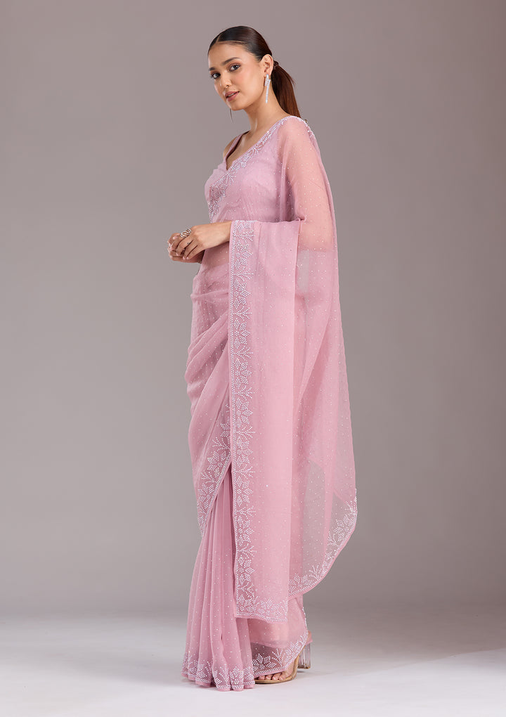 Mauve Chiffon Silver Stonework Saree With Matching Blouse Piece