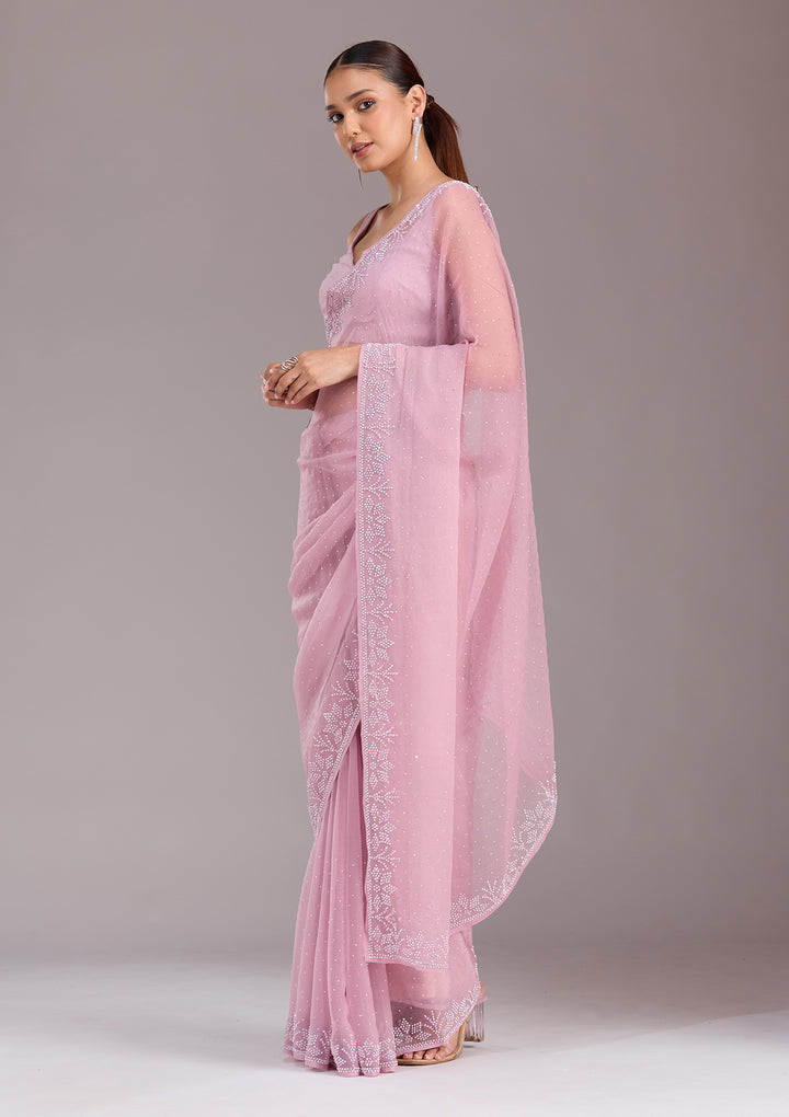 Mauve Chiffon Silver Stonework Saree With Matching Blouse Piece