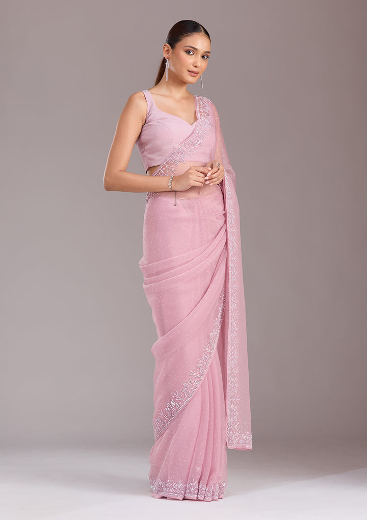 Mauve Chiffon Silver Stonework Saree With Matching Blouse Piece