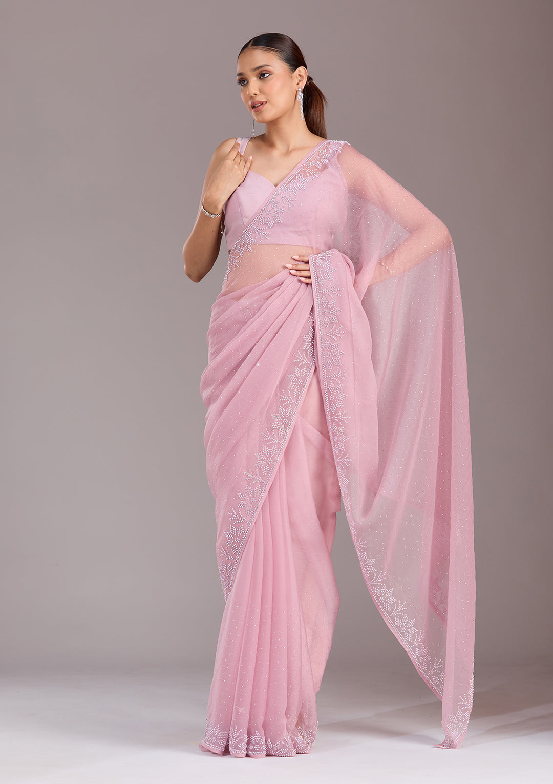 Mauve Chiffon Silver Stonework Saree With Matching Blouse Piece