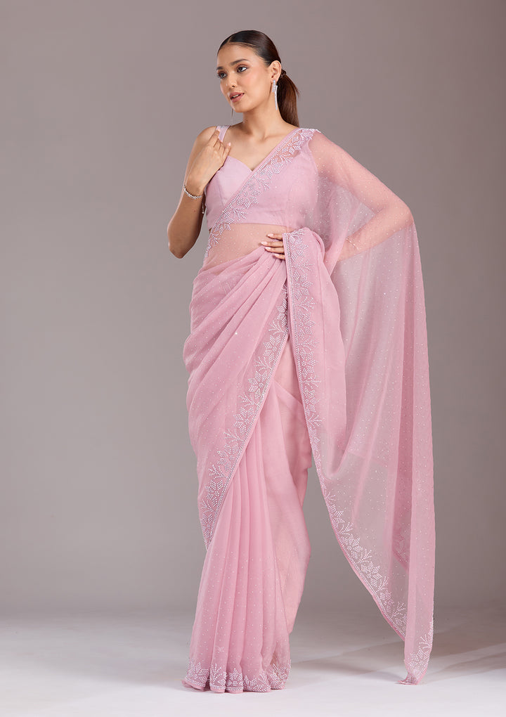 Mauve Chiffon Silver Stonework Saree With Matching Blouse Piece
