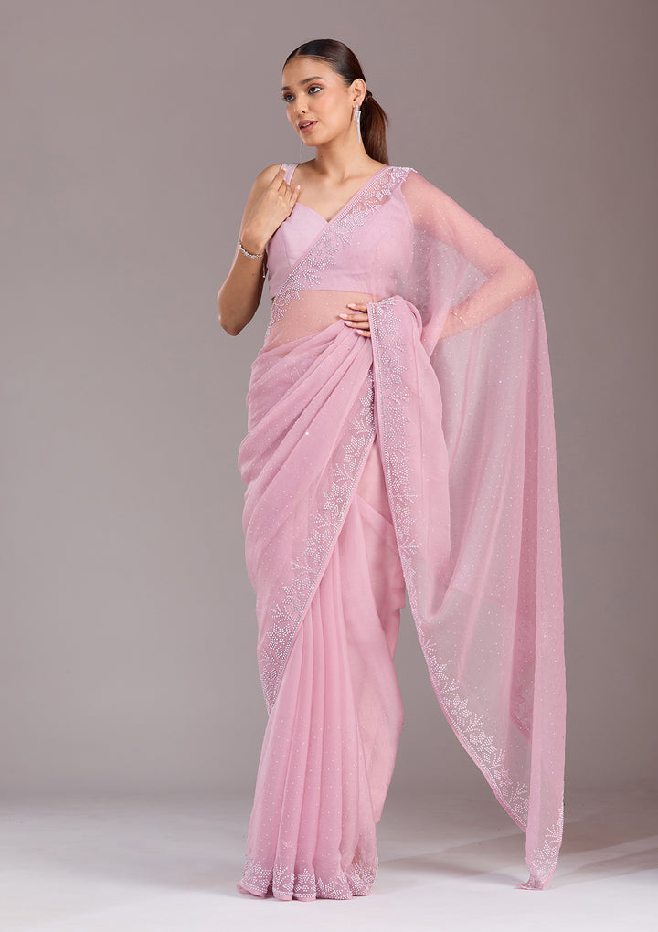 Mauve Chiffon Silver Stonework Saree With Matching Blouse Piece