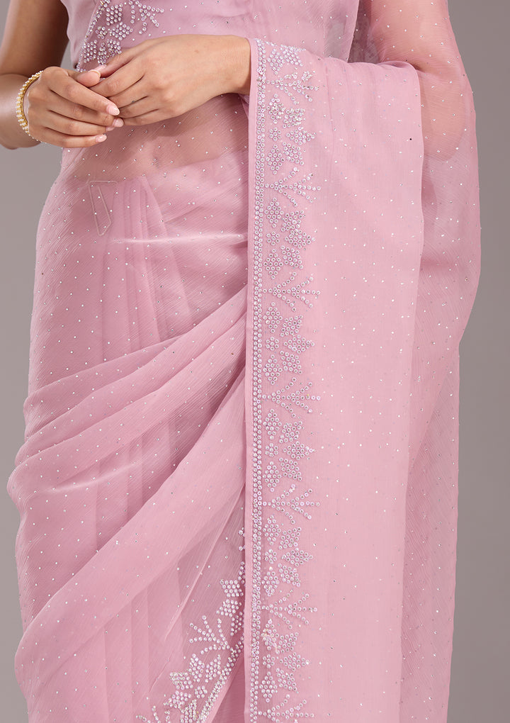 Mauve Chiffon Silver Stonework Saree With Matching Blouse Piece