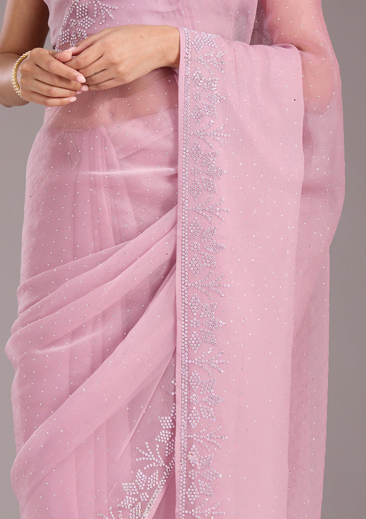 Mauve Chiffon Silver Stonework Saree With Matching Blouse Piece