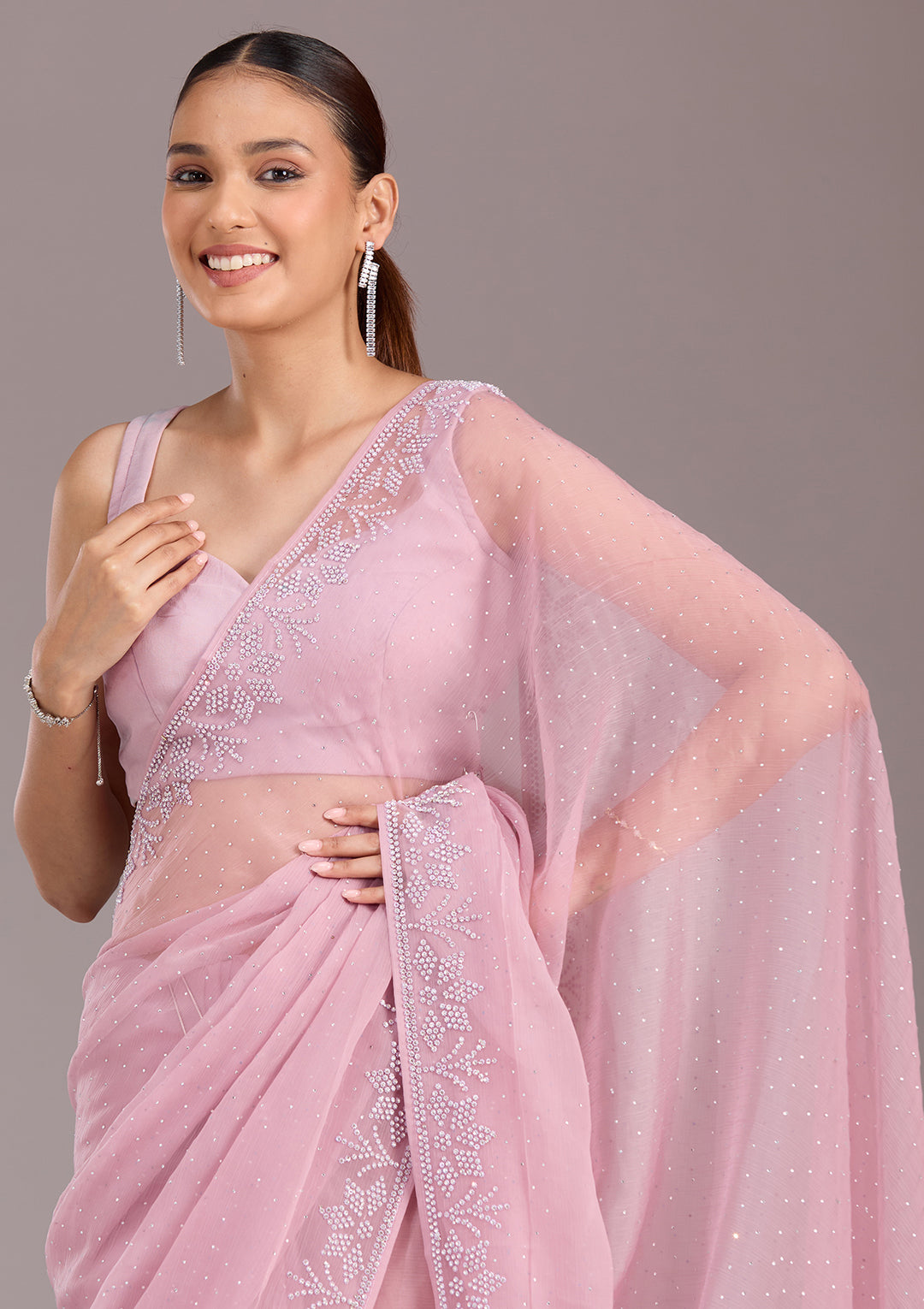 Mauve Chiffon Silver Stonework Saree With Matching Blouse Piece