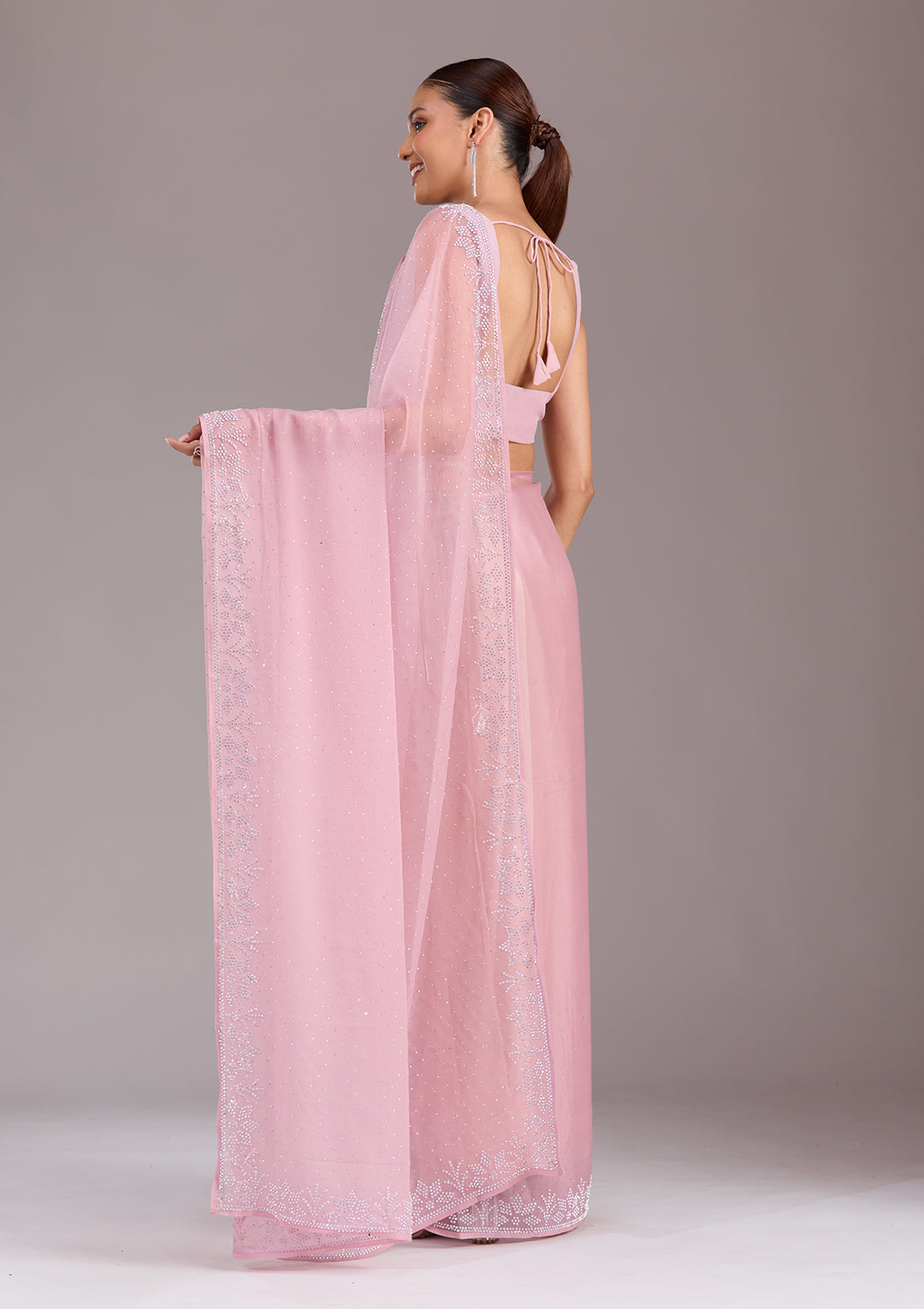 Mauve Chiffon Silver Stonework Saree With Matching Blouse Piece
