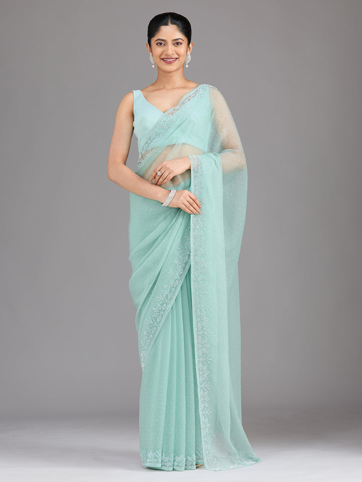 Sea Green Stonework (Silver) Chiffon Saree