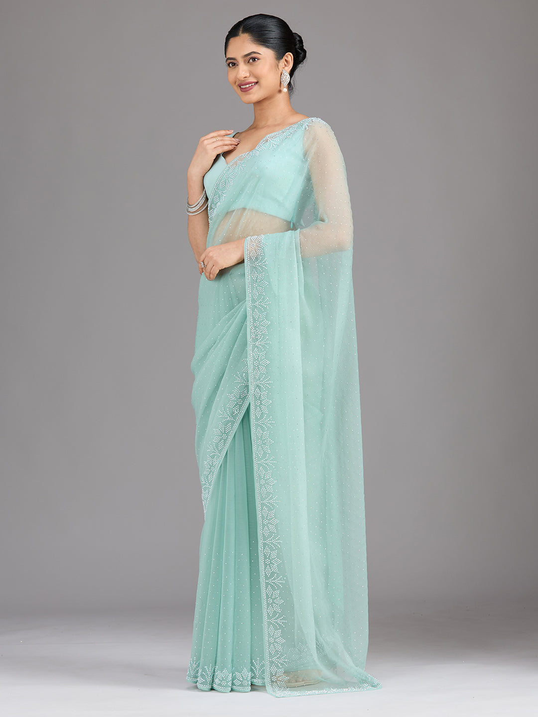 Sea Green Stonework (Silver) Chiffon Saree