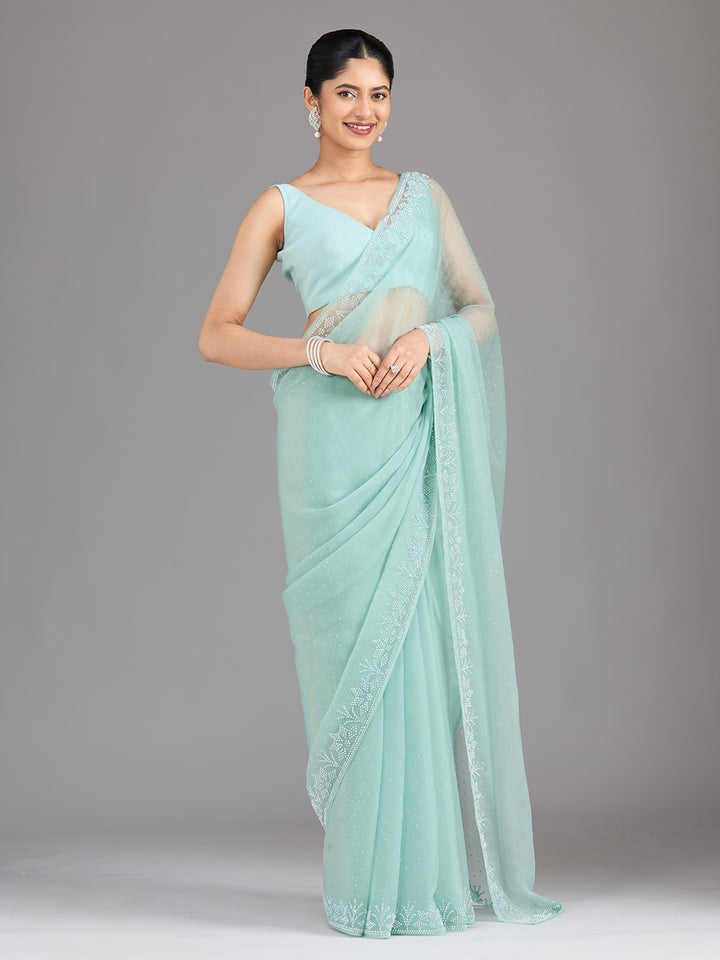 Sea Green Stonework (Silver) Chiffon Saree
