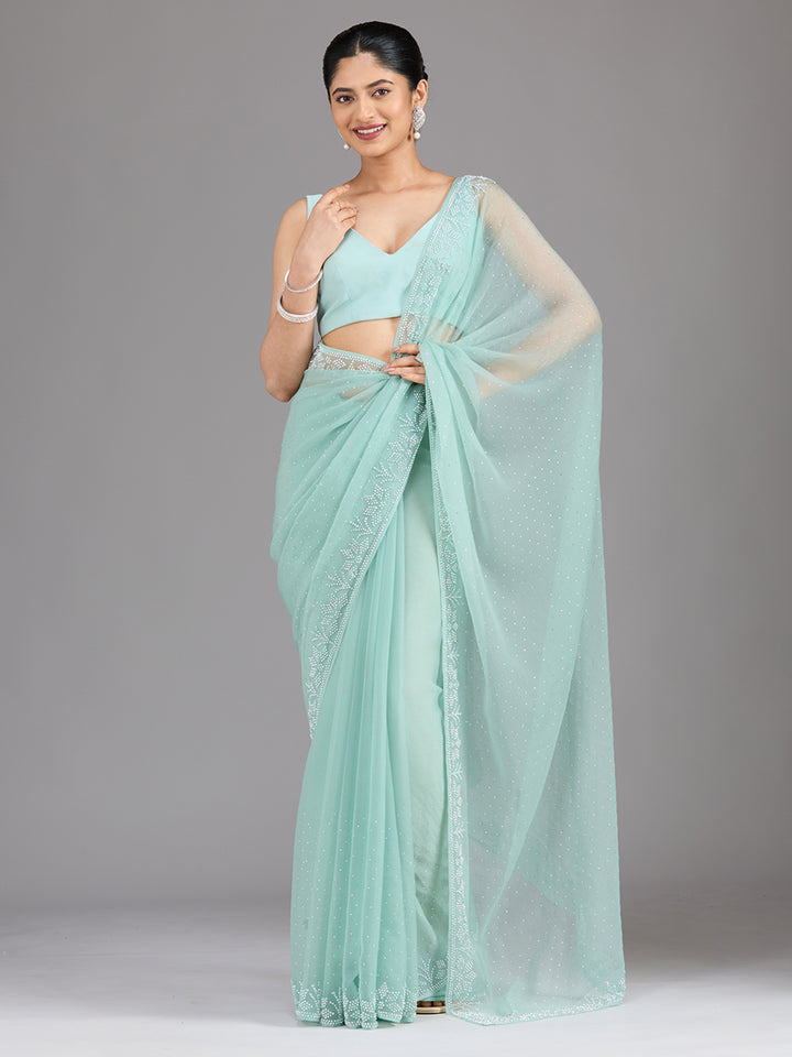 Sea Green Stonework (Silver) Chiffon Saree