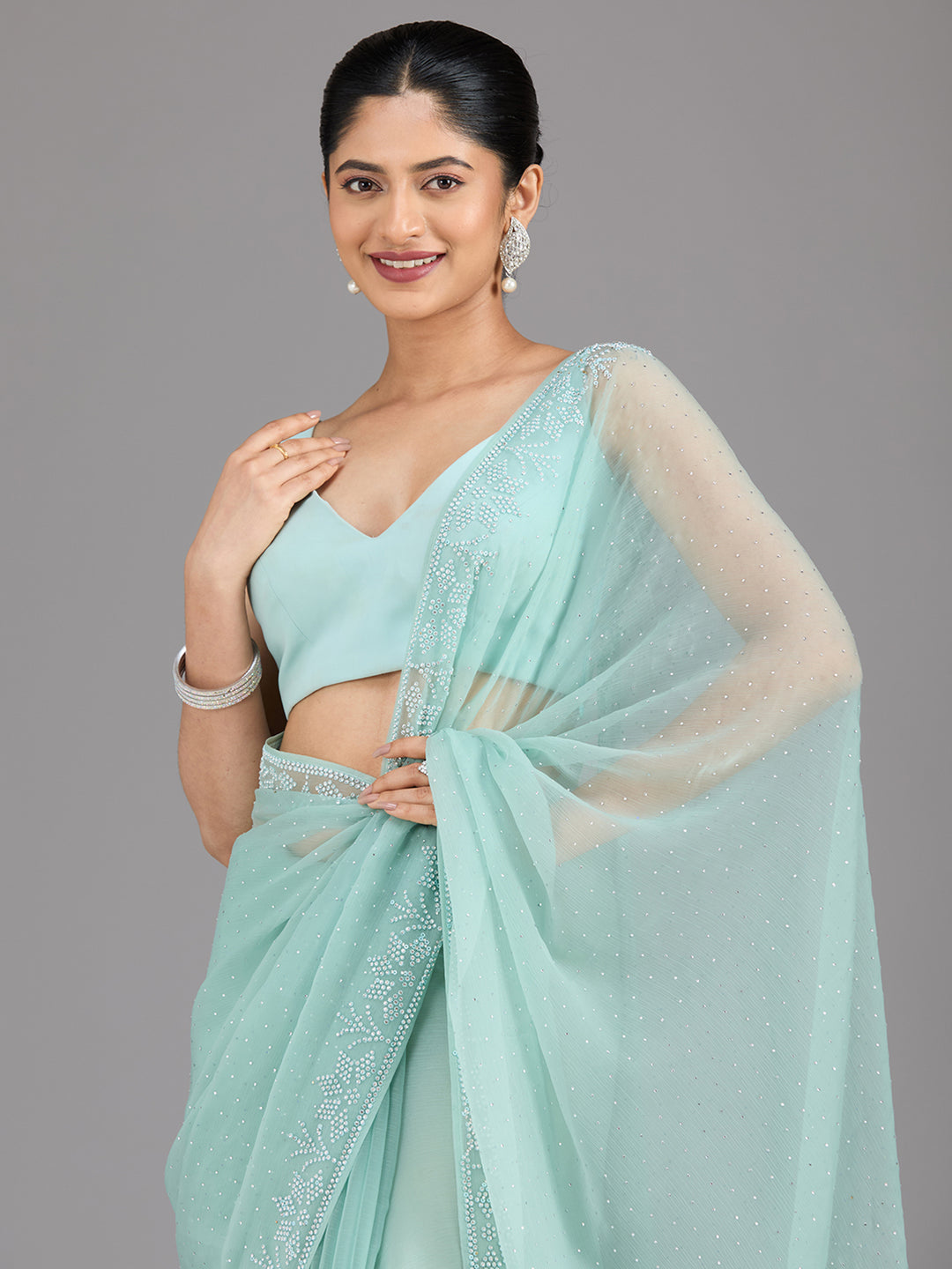 Sea Green Stonework (Silver) Chiffon Saree