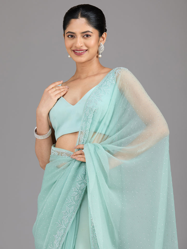 Sea Green Stonework (Silver) Chiffon Saree