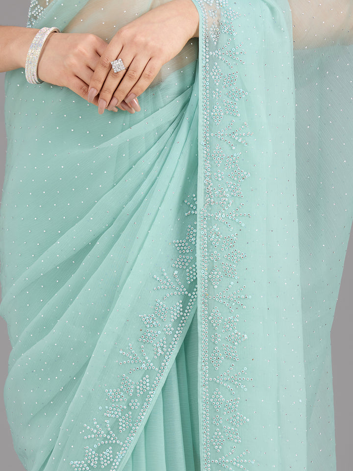 Sea Green Stonework (Silver) Chiffon Saree