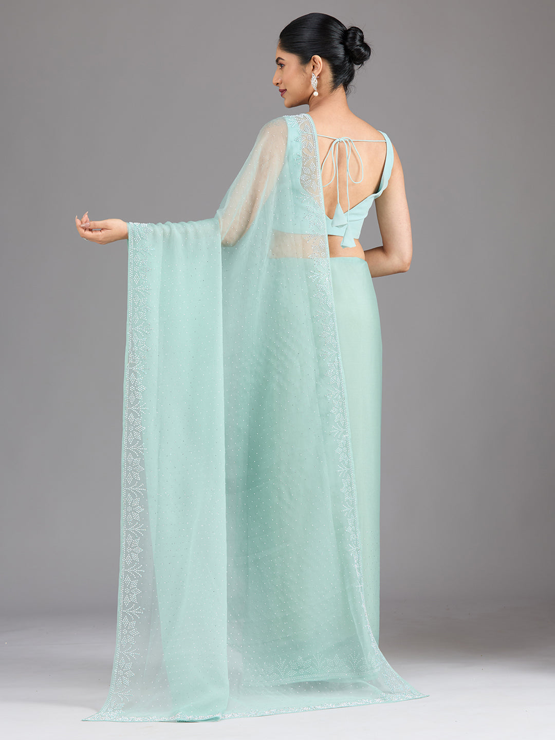 Sea Green Stonework (Silver) Chiffon Saree