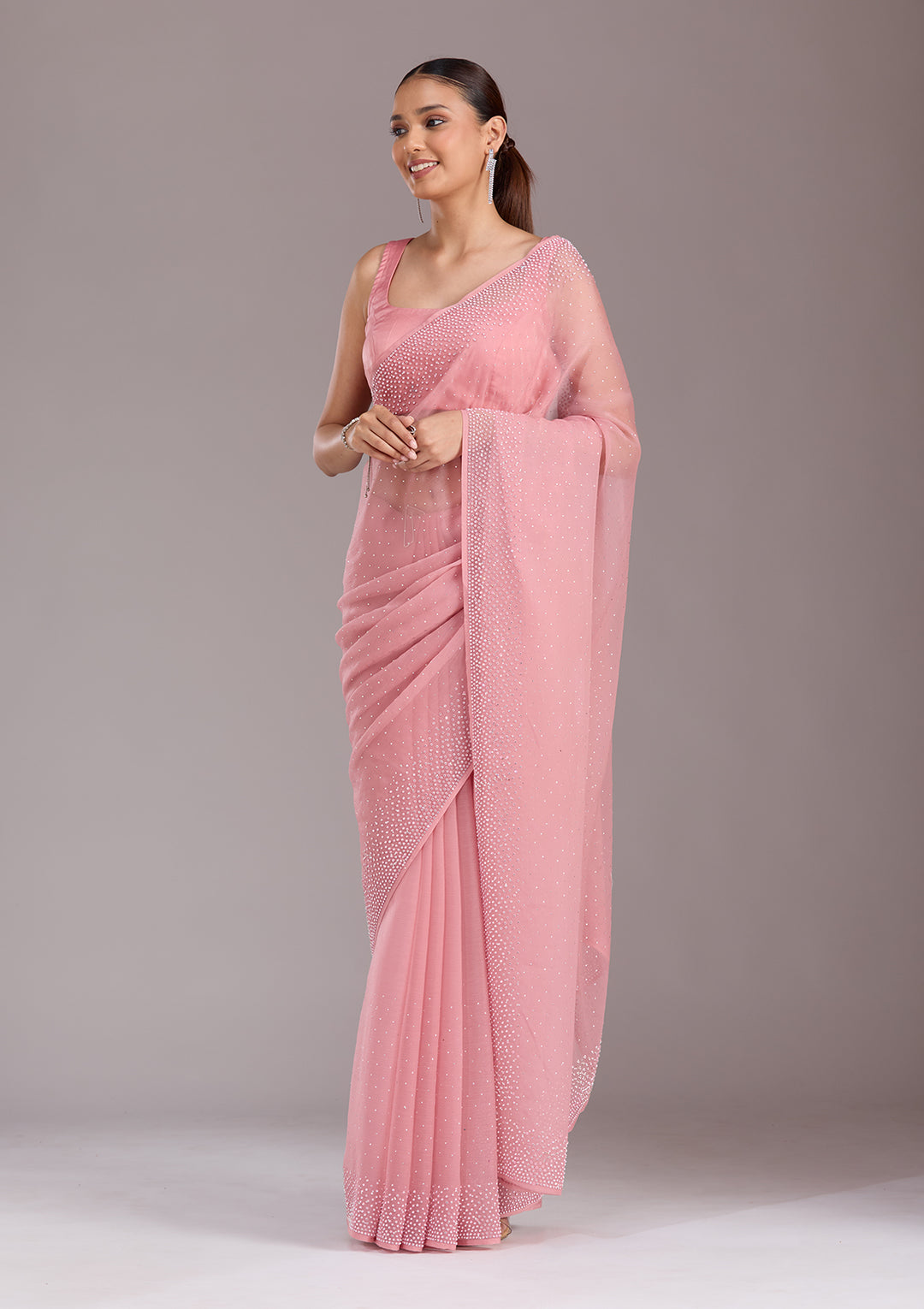 Gajari Pink Chiffon Silver Stonework Saree With Matching Blouse Piece