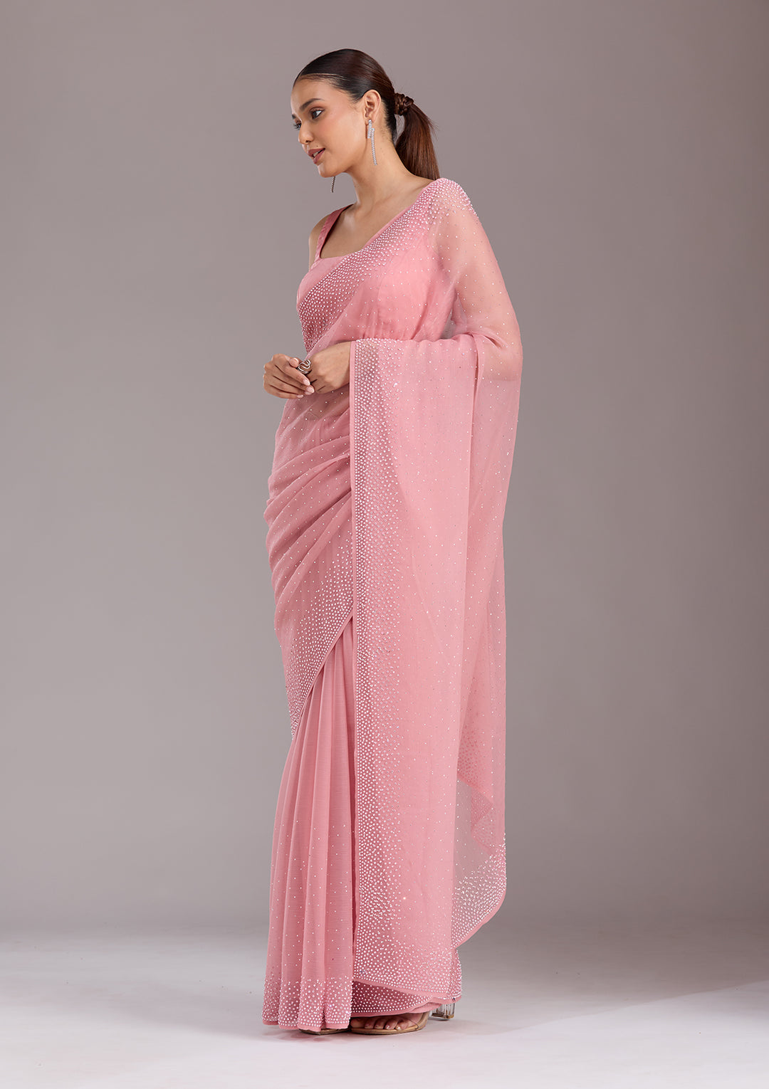 Gajari Pink Chiffon Silver Stonework Saree With Matching Blouse Piece