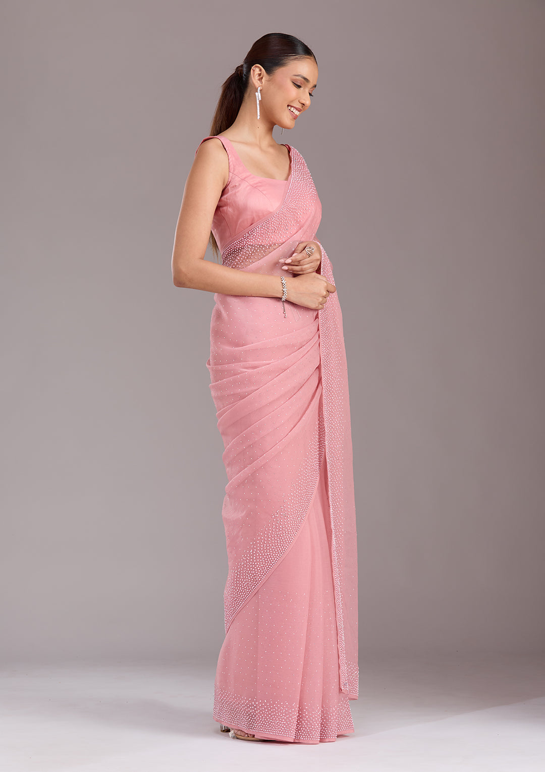 Gajari Pink Chiffon Silver Stonework Saree With Matching Blouse Piece
