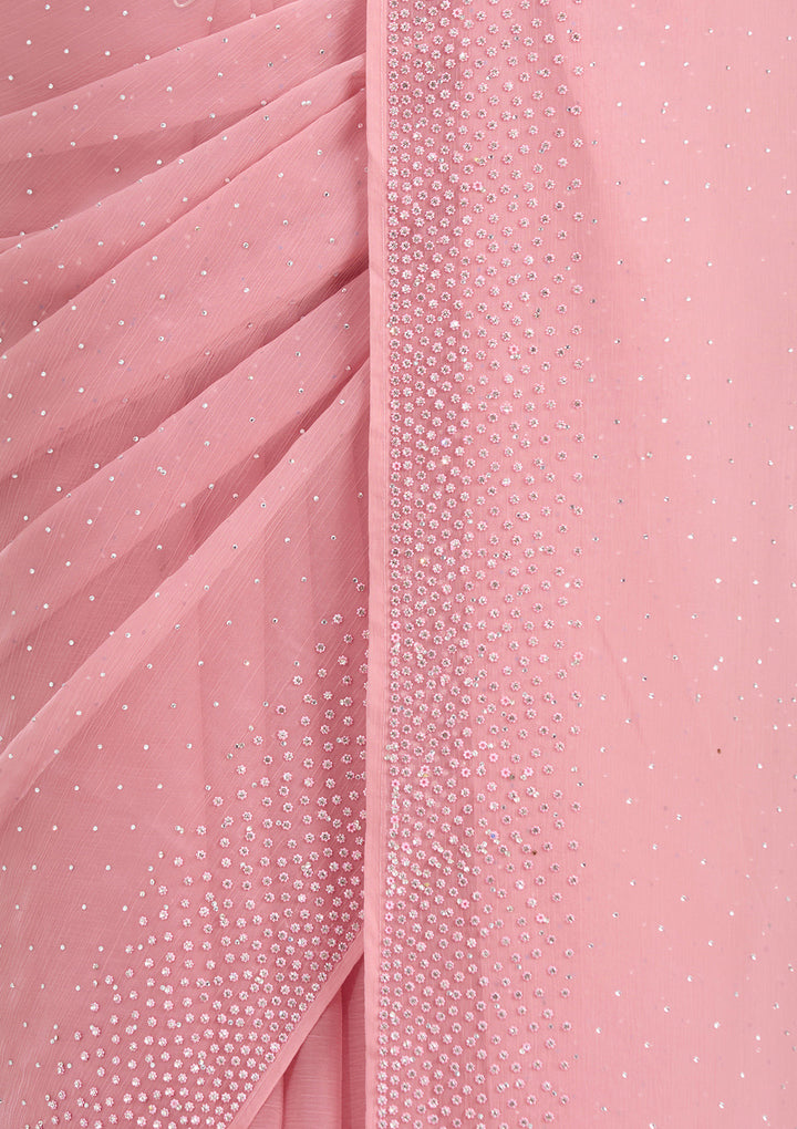 Gajari Pink Chiffon Silver Stonework Saree With Matching Blouse Piece