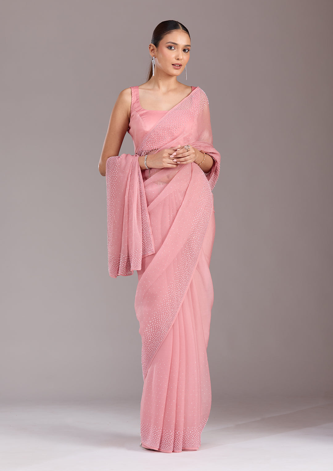 Gajari Pink Chiffon Silver Stonework Saree With Matching Blouse Piece
