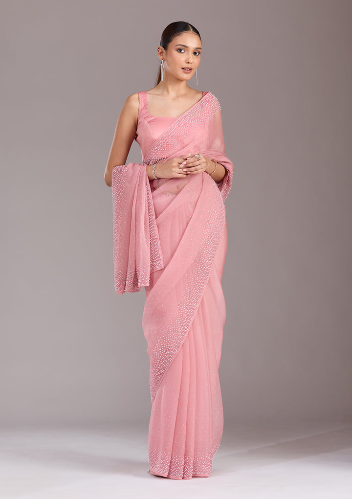 Gajari Pink Chiffon Silver Stonework Saree With Matching Blouse Piece
