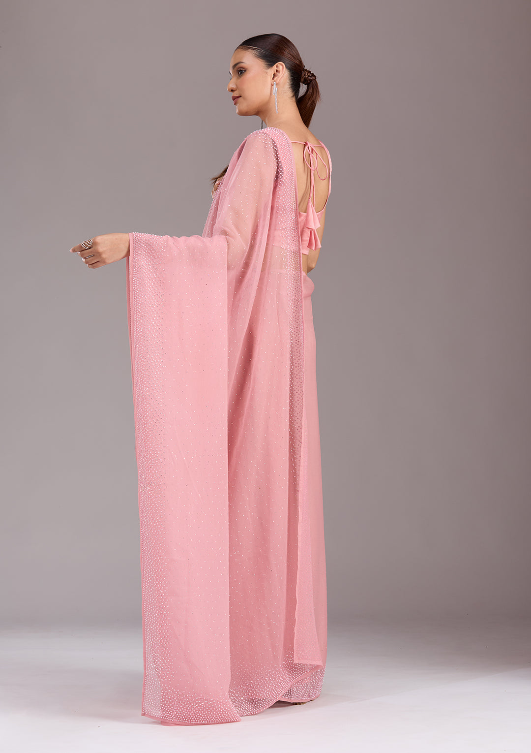 Gajari Pink Chiffon Silver Stonework Saree With Matching Blouse Piece