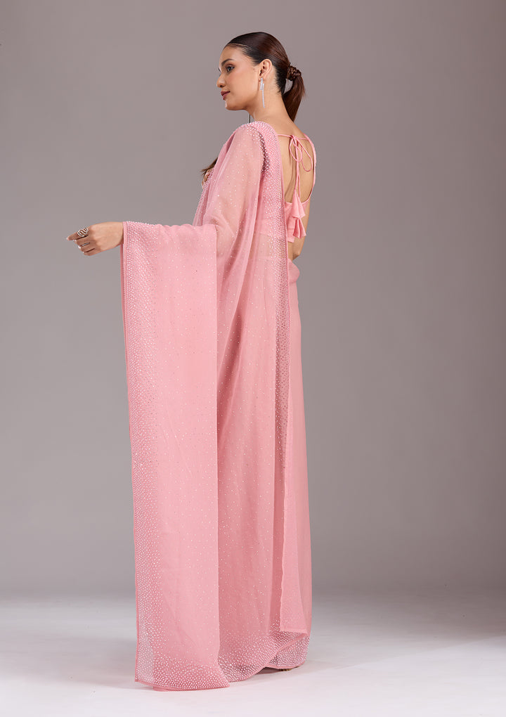 Gajari Pink Chiffon Silver Stonework Saree With Matching Blouse Piece