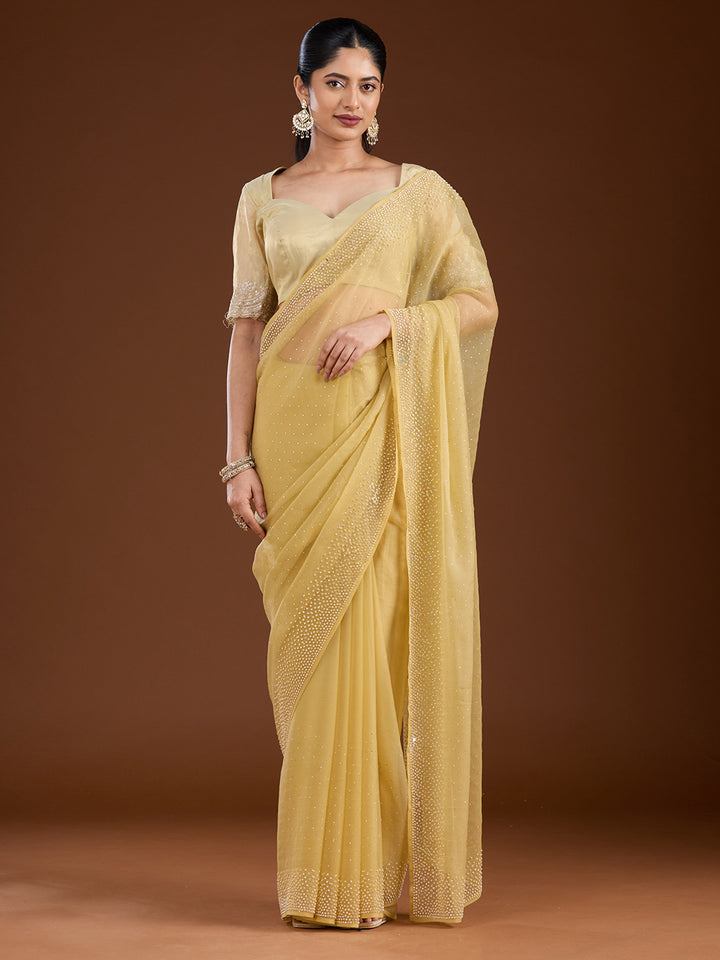 Yellow Chiffon Silver Stonework Saree With Matching Blouse Piece
