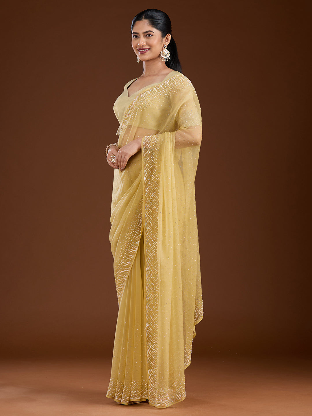 Yellow Chiffon Silver Stonework Saree With Matching Blouse Piece