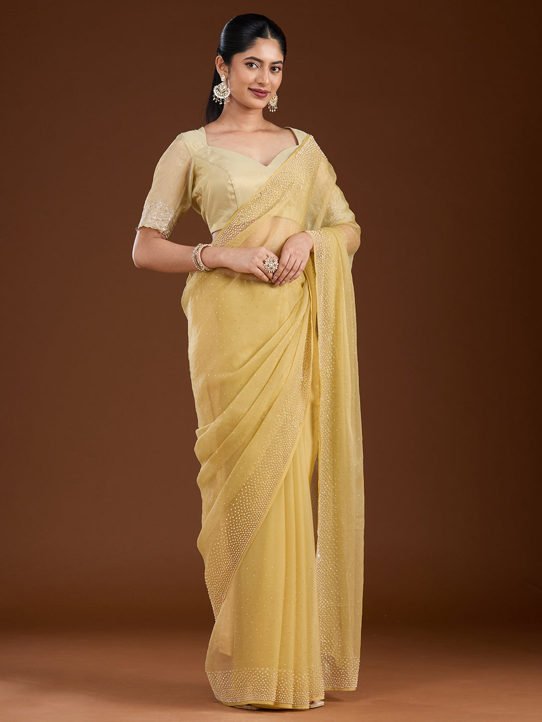 Yellow Chiffon Silver Stonework Saree With Matching Blouse Piece
