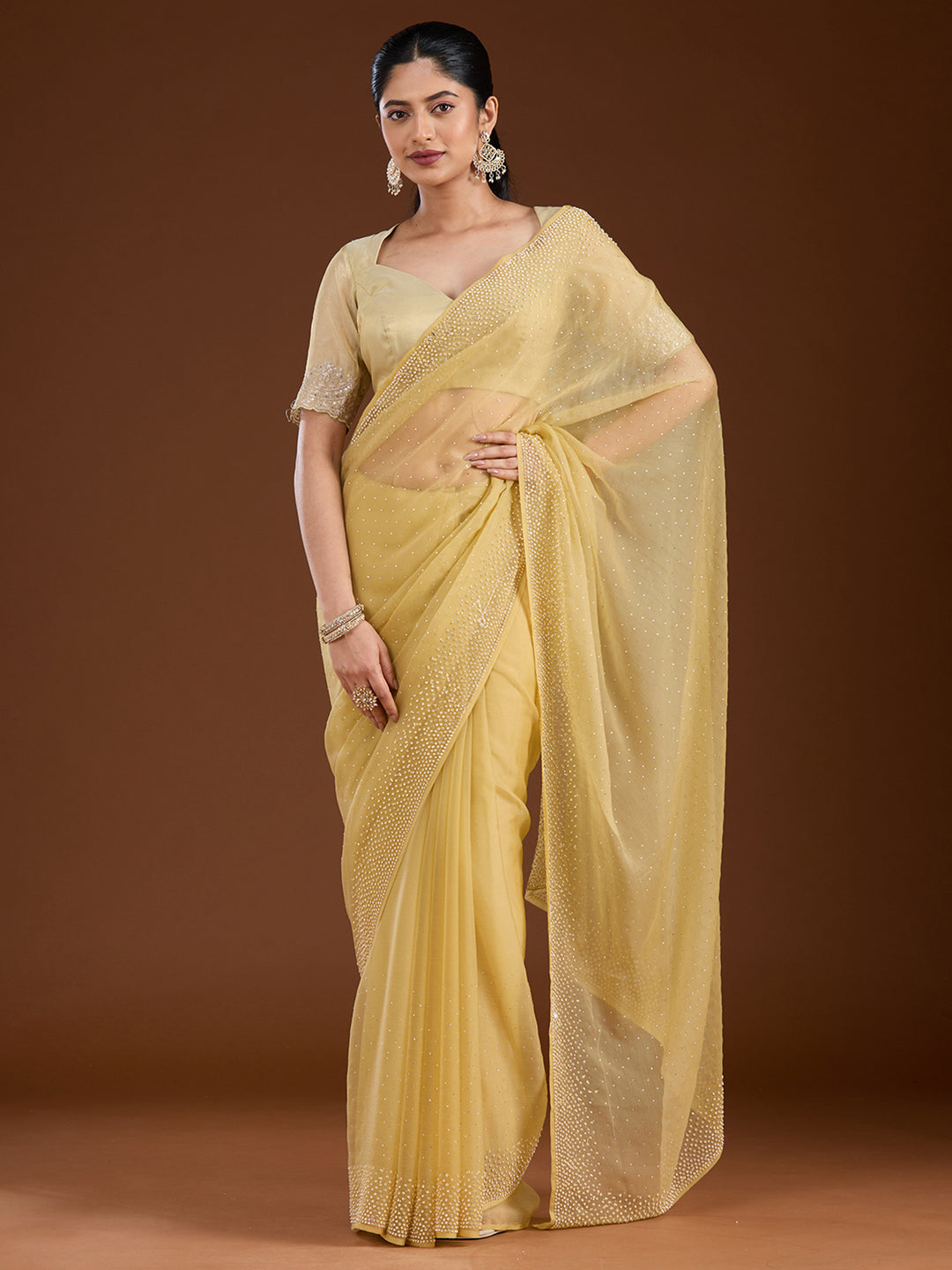 Yellow Chiffon Silver Stonework Saree With Matching Blouse Piece