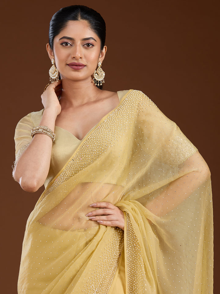 Yellow Chiffon Silver Stonework Saree With Matching Blouse Piece