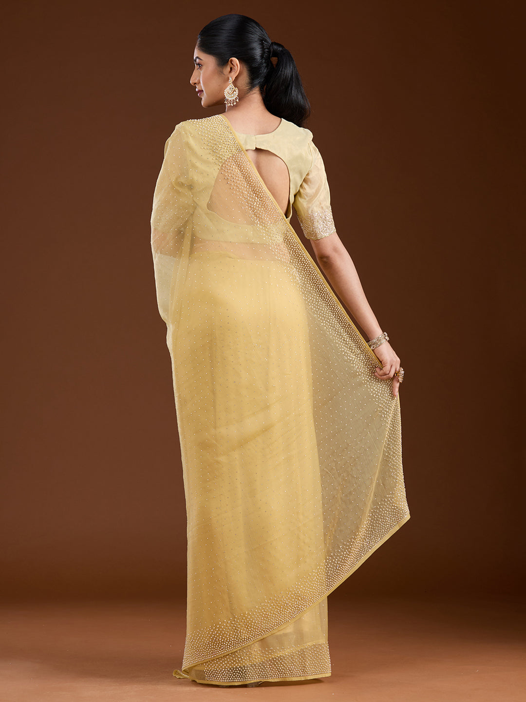 Yellow Chiffon Silver Stonework Saree With Matching Blouse Piece