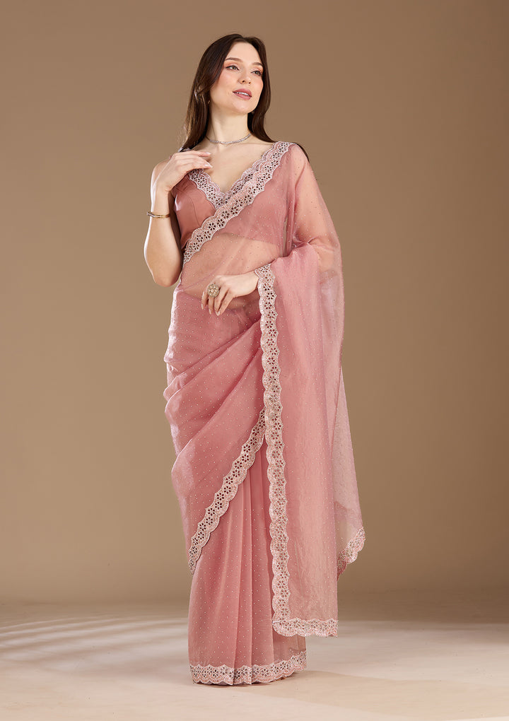 Onion Pink Tissue Cutdana Saree With Matching Blouse Piece