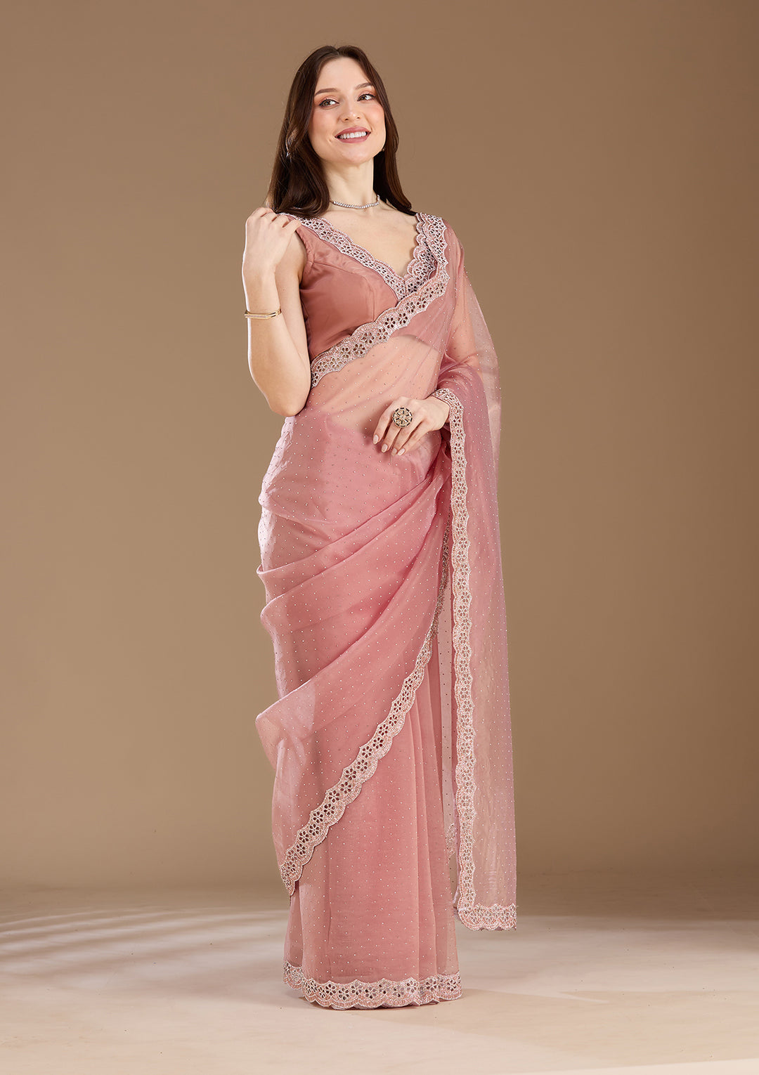 Onion Pink Tissue Cutdana Saree With Matching Blouse Piece