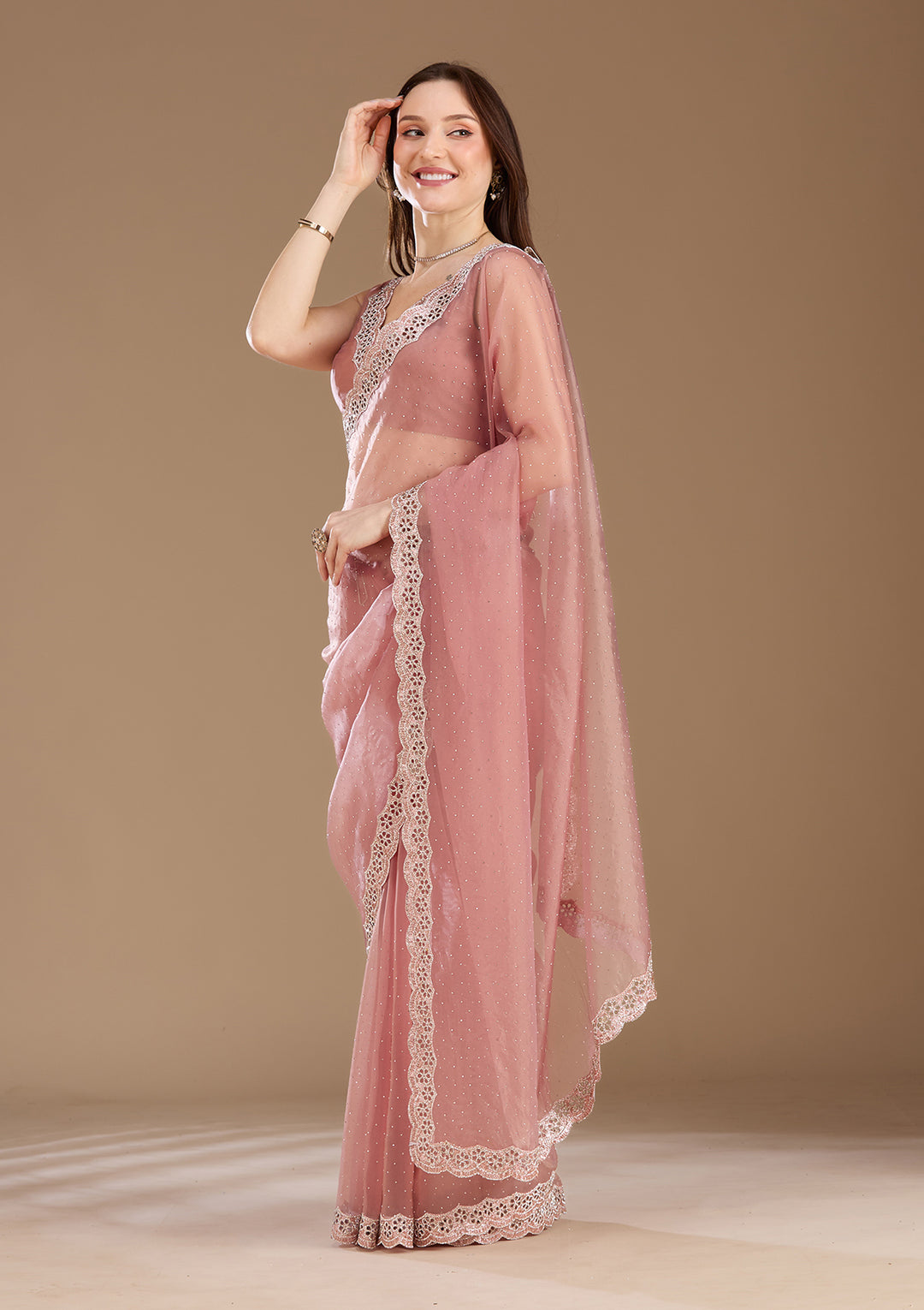 Onion Pink Tissue Cutdana Saree With Matching Blouse Piece