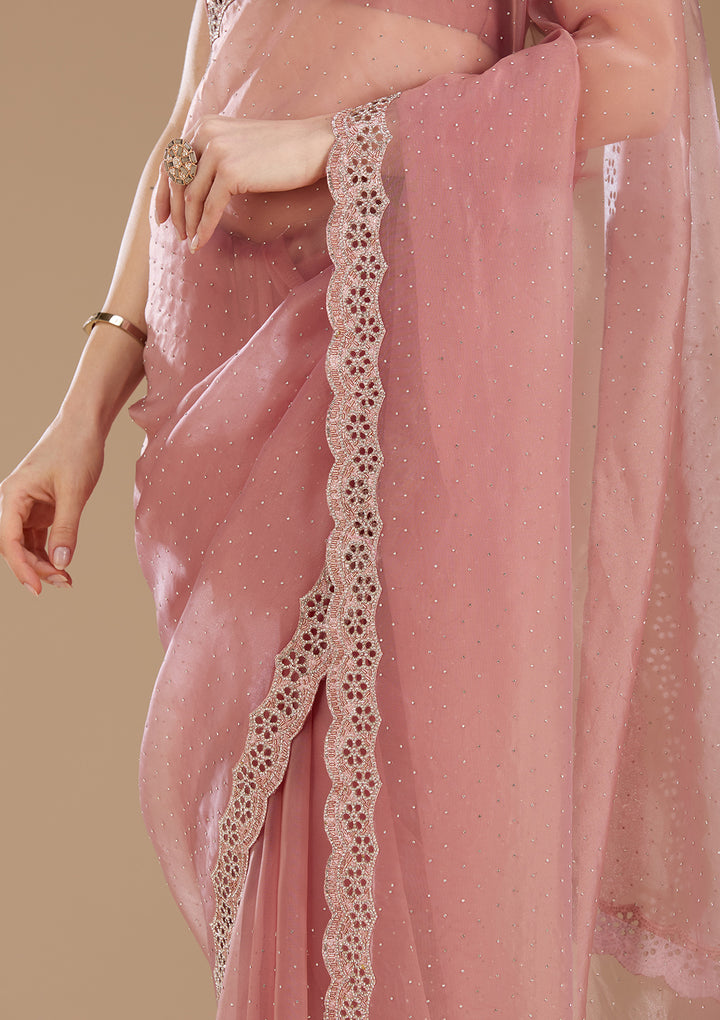 Onion Pink Tissue Cutdana Saree With Matching Blouse Piece